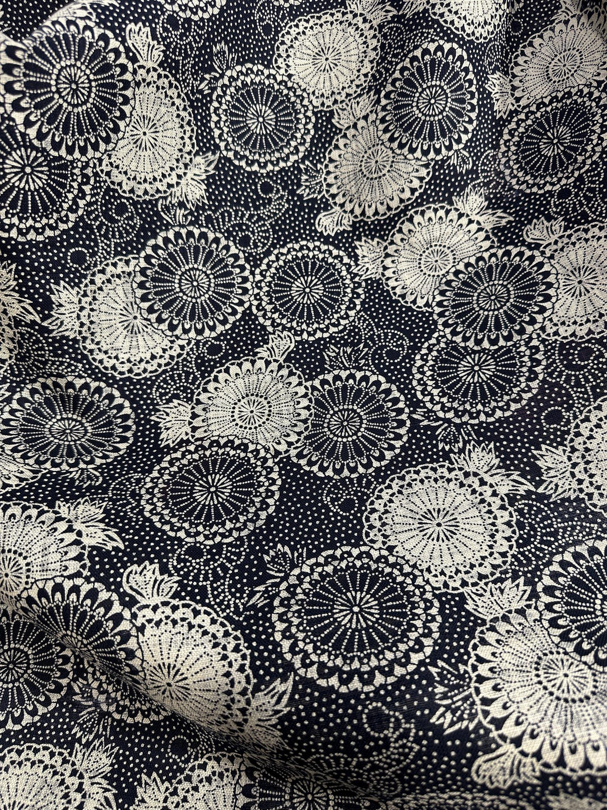 Sevenberry Nara Homespun Cotton Fabric: Black & Ecru Medallion Print