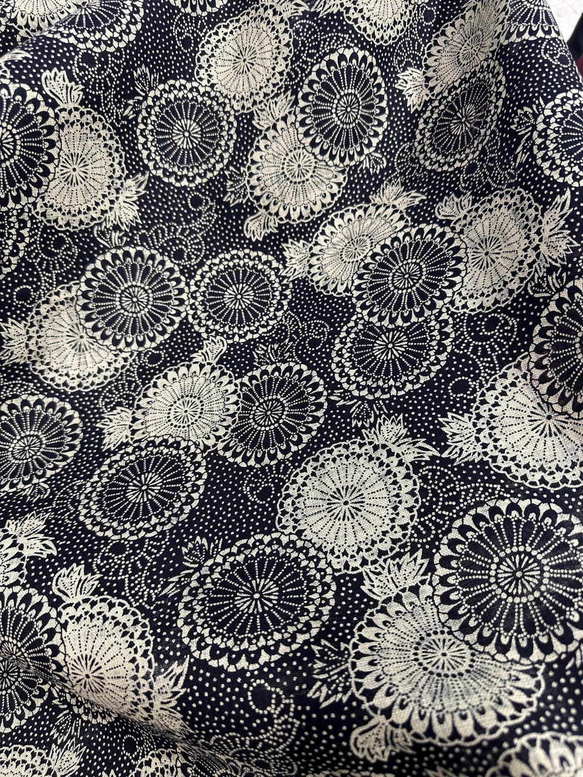 Sevenberry Nara Homespun Cotton Fabric: Black & Ecru Medallion Print
