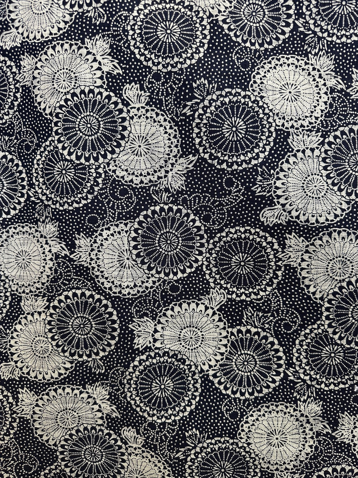 Sevenberry Nara Homespun Cotton Fabric: Black & Ecru Medallion Print