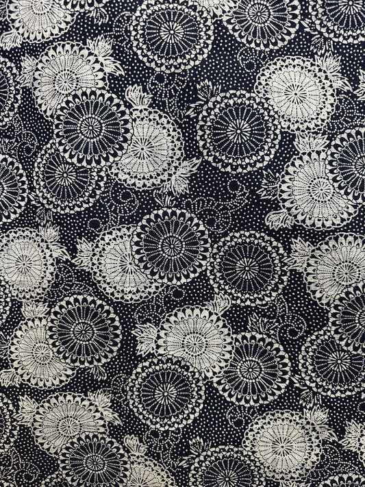 Sevenberry Nara Homespun Cotton Fabric: Black & Ecru Medallion Print