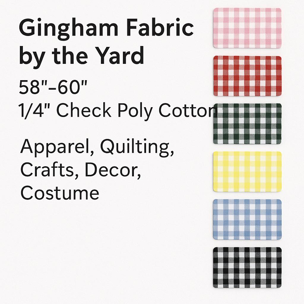 Gingham Check Fabric: Lightweight Poly Cotton Blend, 7 Colors, 58-60" Wide