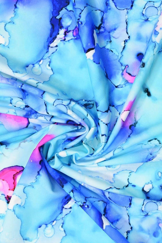 Watercolor Marble Print Nylon Spandex Fabric: Blue Pink Abstract Swimwear