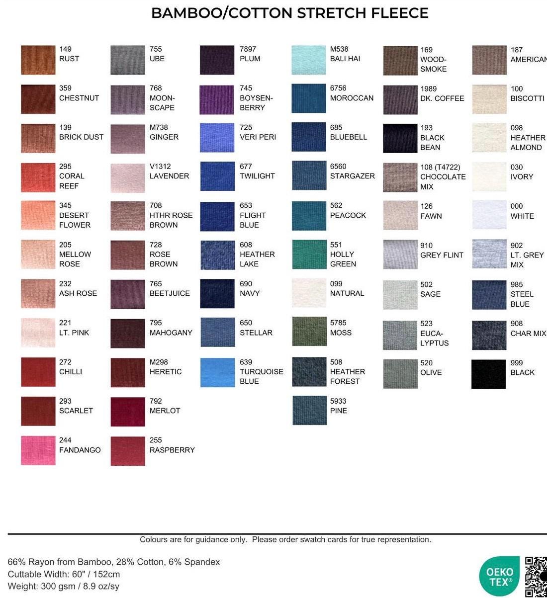 Soft Bamboo Cotton Stretch Fleece Fabric: OEKO-TEX® Certified, 60" Wide