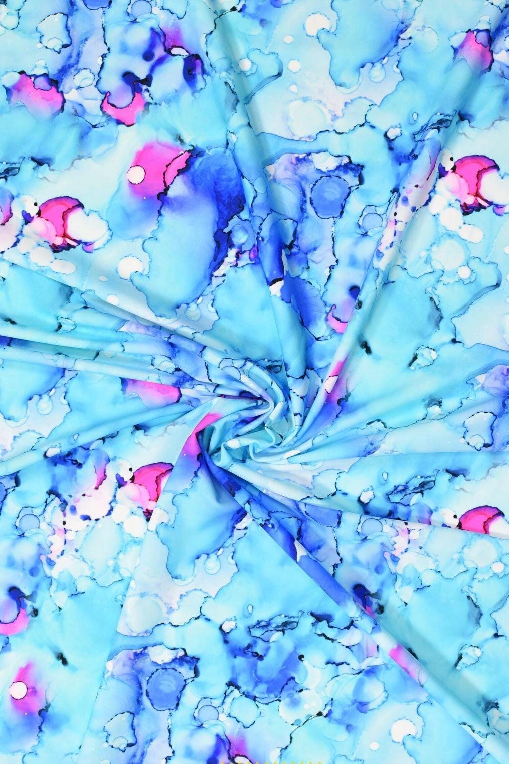 Watercolor Marble Print Nylon Spandex Fabric: Blue Pink Abstract Swimwear